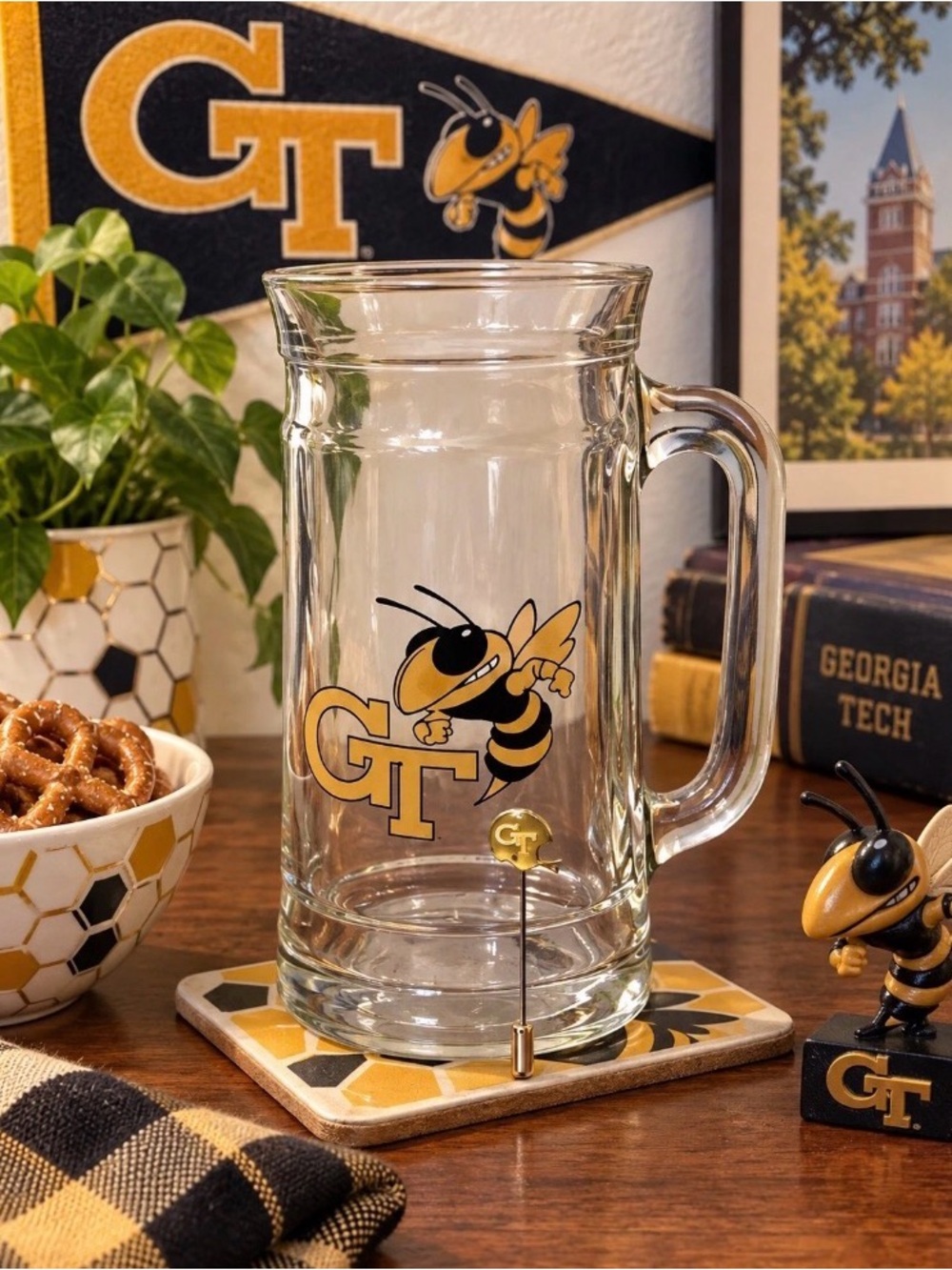Vintage Georgia Tech  Yellow Jackets Glass Beer Mug + Enamel Stick Pin